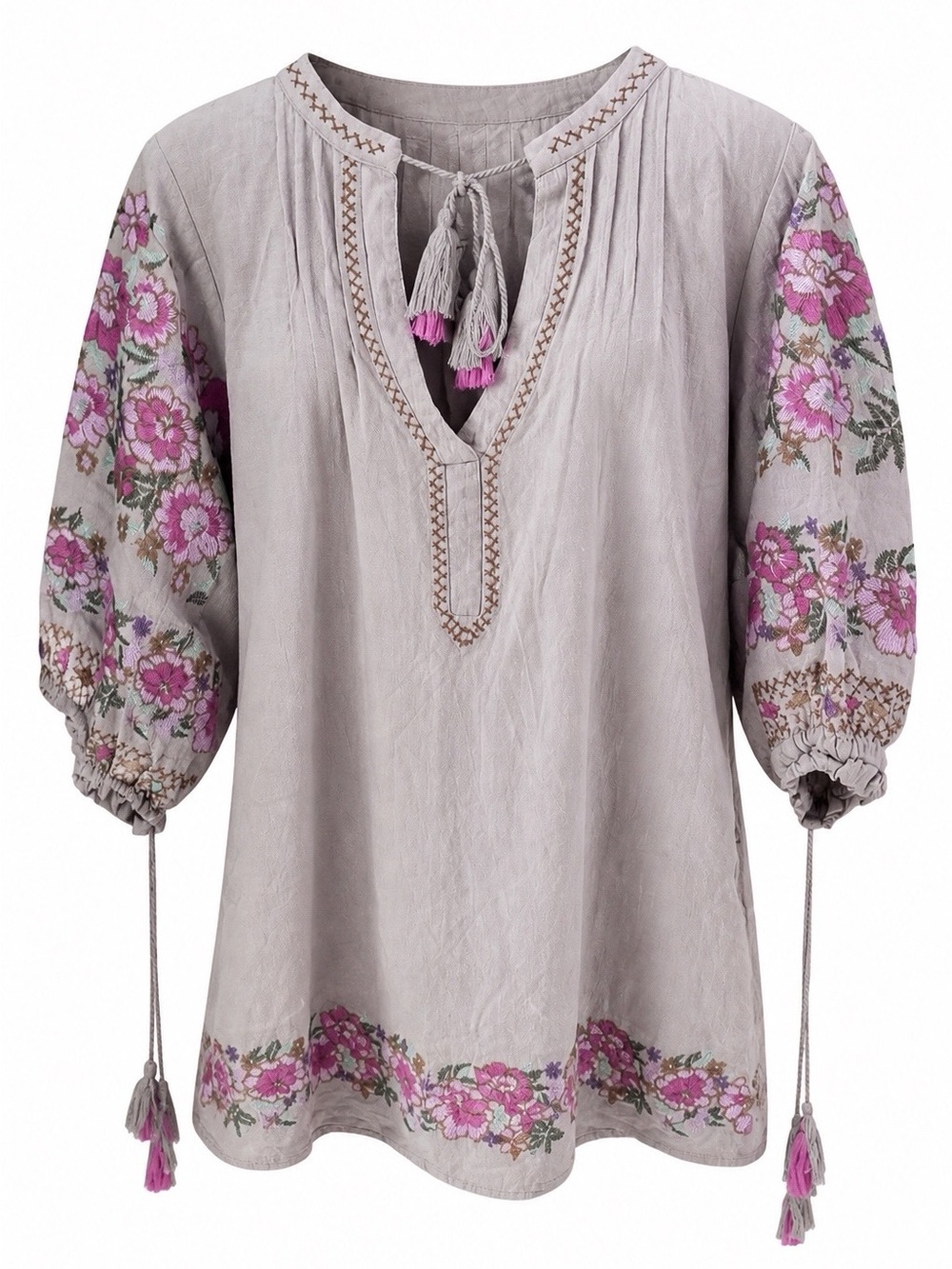 Women’s Boho Peasant Tunic Top Floral Embroidery Pockets Tassels V-Neck Sz S 4/6